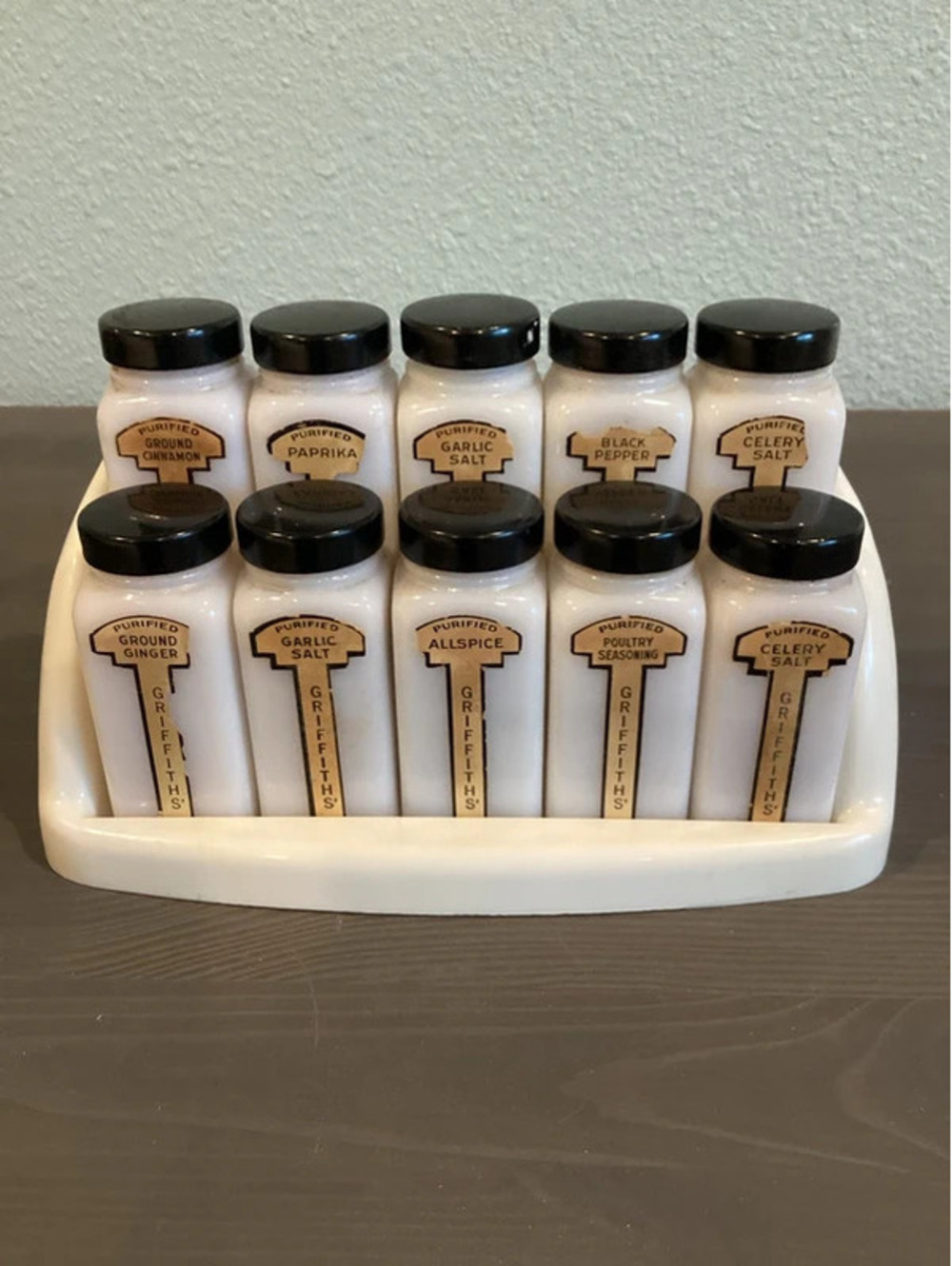 Art Deco Antique Griffiths milk glass spice jar set w/ 10 spice bottles